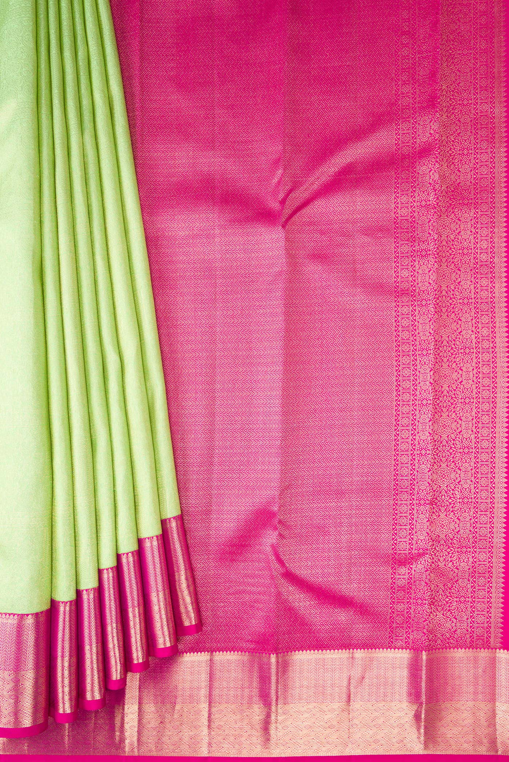 Pleats and pallu of Mint Green Kanjivaram Silk Saree with Zari Brocade on the body and Zari Border. 