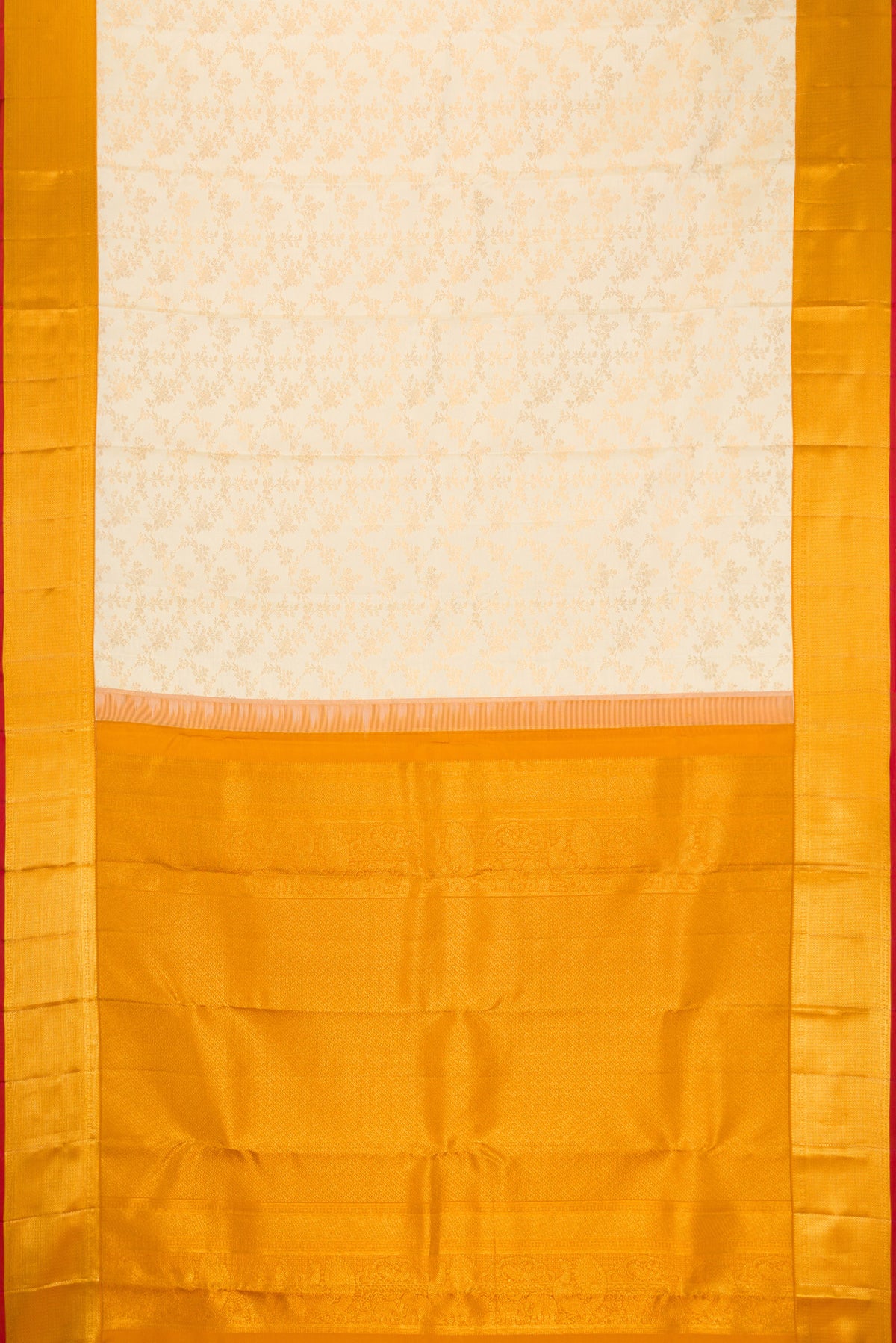 Flat view of Off White Kanjivaram Silk Saree with Zari Brocade on the body and Zari Border. 