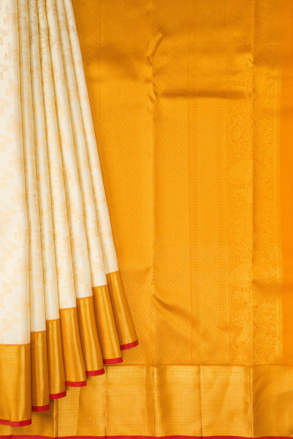Pleats and pallu of Off White Kanjivaram Silk Saree with Zari Brocade on the body and Zari Border. 