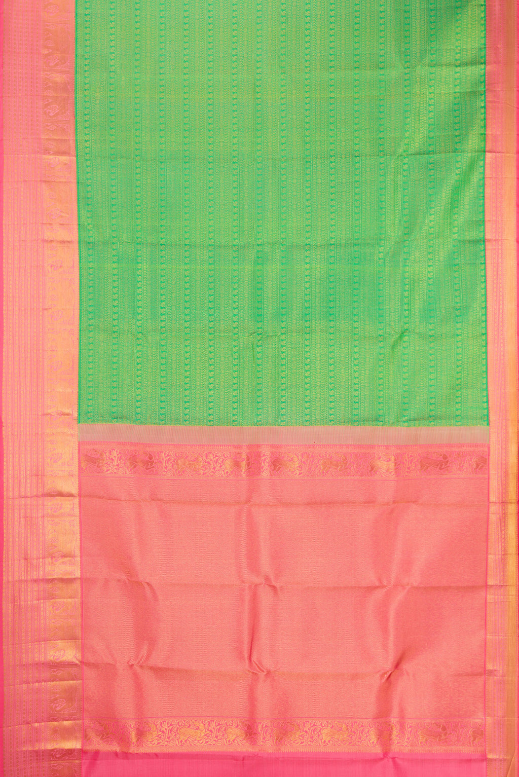 Flat view of Green Kanjivaram Silk Saree with Zari Brocade on the body and Zari Border. 