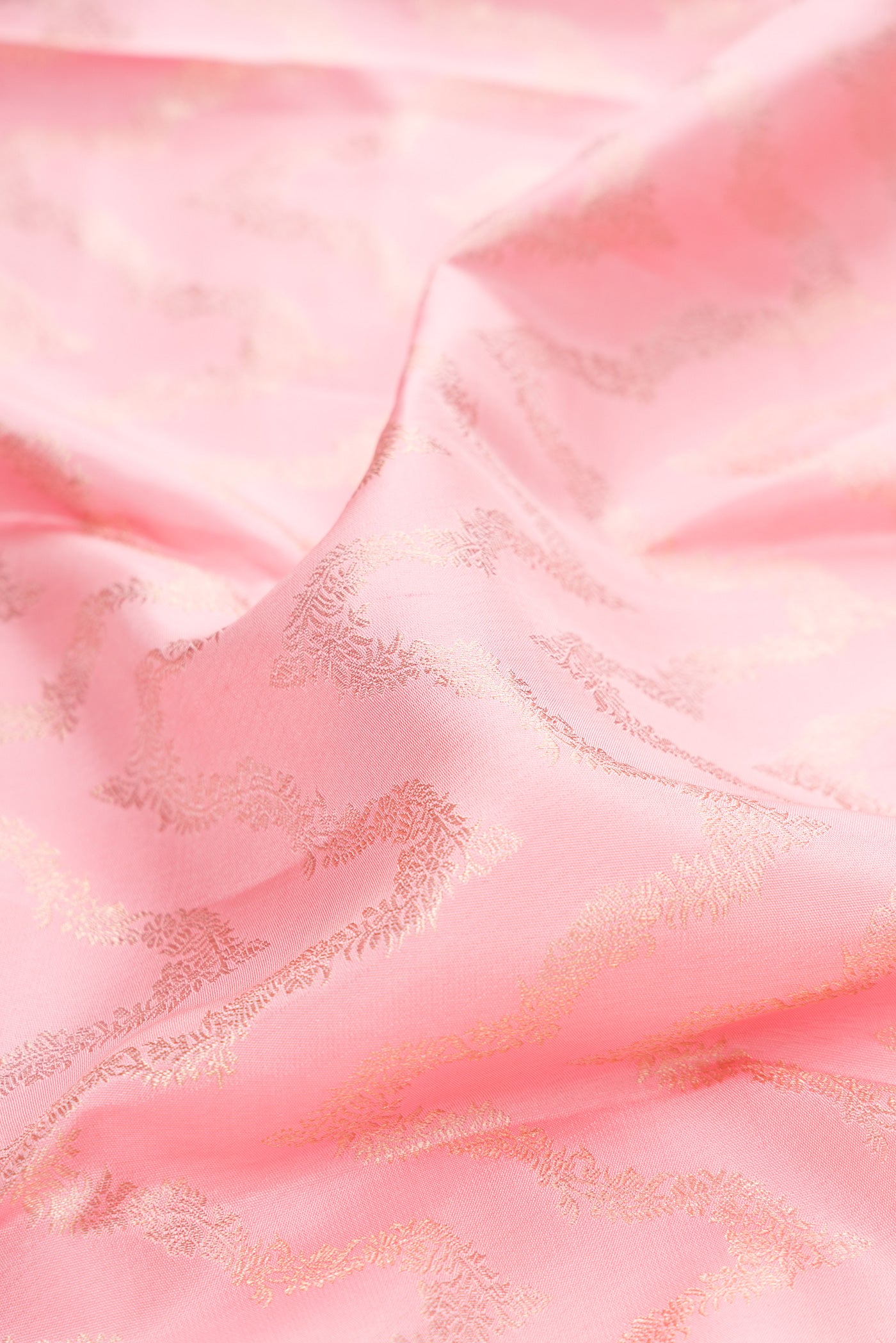 Close up of Rose pink Kanjivaram Silk Saree with Zari Brocade on the body and Zari Border.  displaying folds