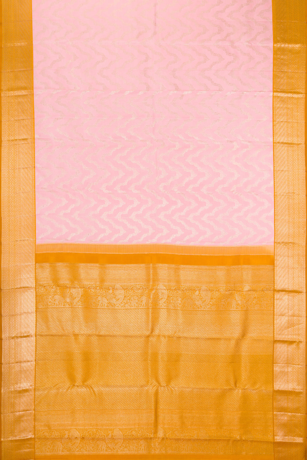 Flat view of Rose pink Kanjivaram Silk Saree with Zari Brocade on the body and Zari Border. 