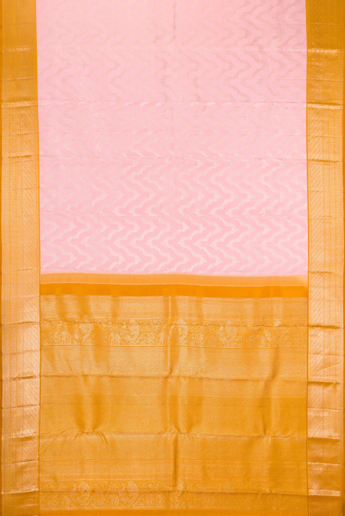 Flat view of Rose pink Kanjivaram Silk Saree with Zari Brocade on the body and Zari Border. 