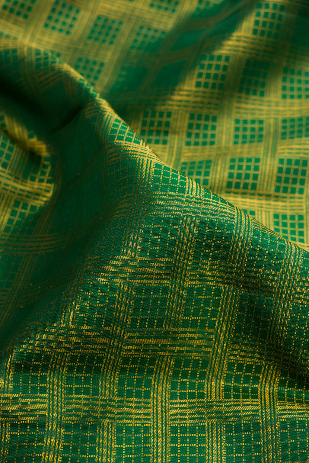 Close up of Pure Silk Green Kanjivaram Saree with Zari Brocade on the body and Fancy Border.  displaying folds