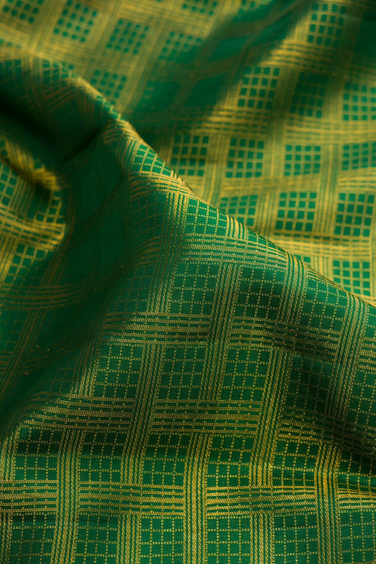Close up of Pure Silk Green Kanjivaram Saree with Zari Brocade on the body and Fancy Border.  displaying folds
