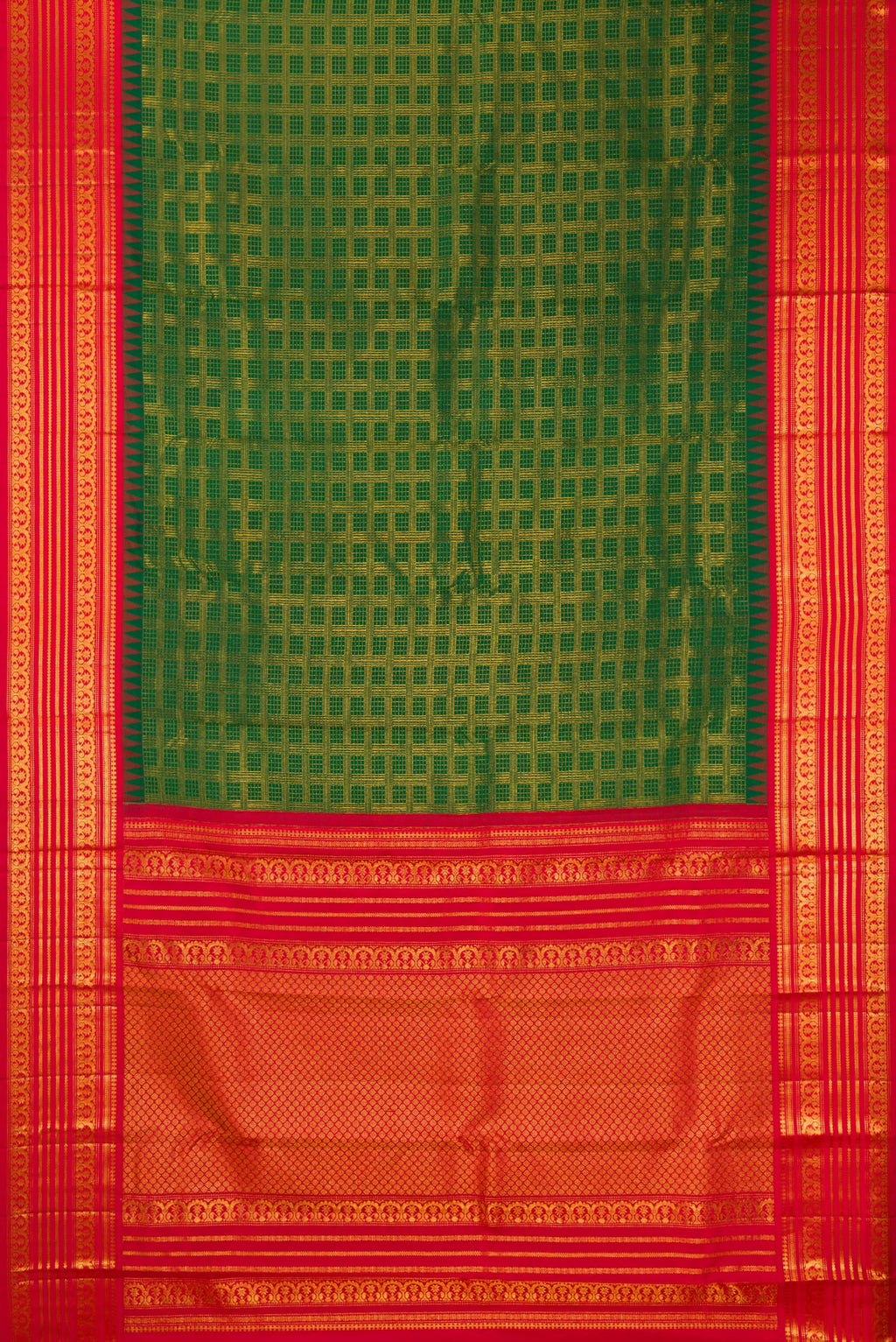 Flat view of Pure Silk Green Kanjivaram Saree with Zari Brocade on the body and Fancy Border. 