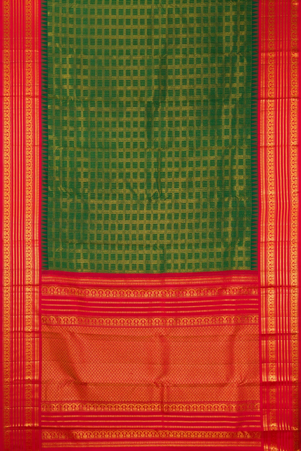 Flat view of Pure Silk Green Kanjivaram Saree with Zari Brocade on the body and Fancy Border. 