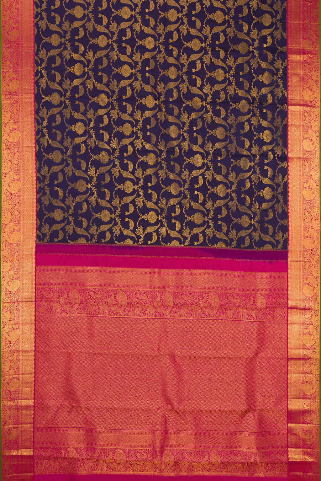 Flat view of Navy Blue Kanjivaram Silk Saree with Zari Brocade on the body and Zari Border. 