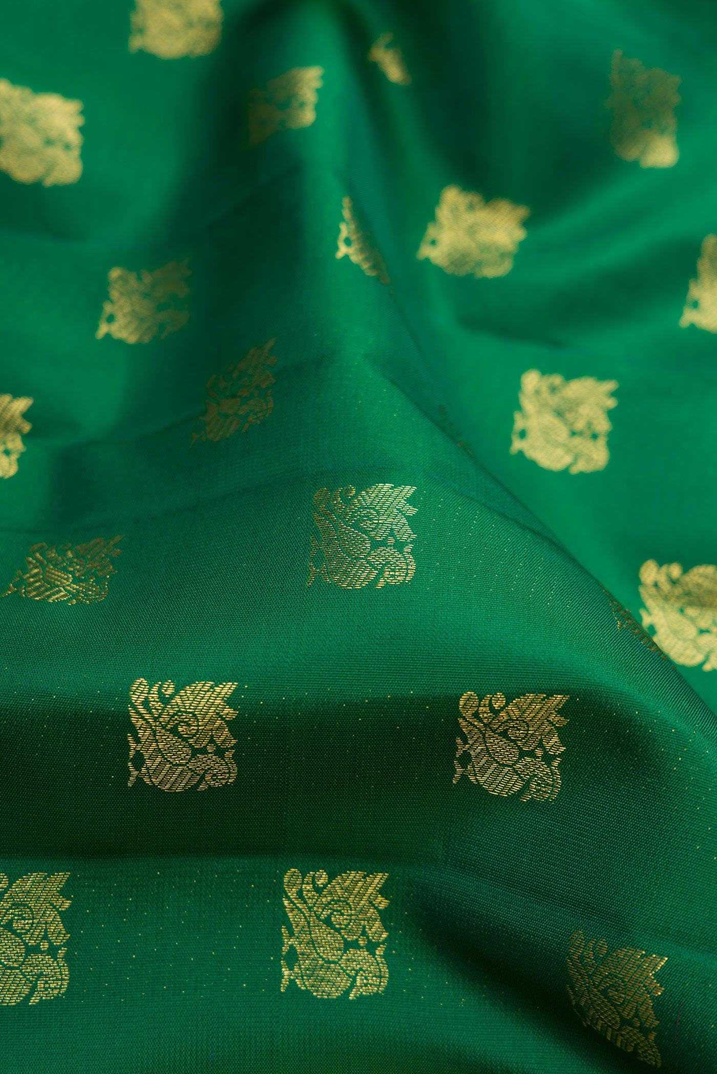 Close up of Green Kanjivaram Silk Saree with Zari Butta on the body and Zari Border.  displaying folds
