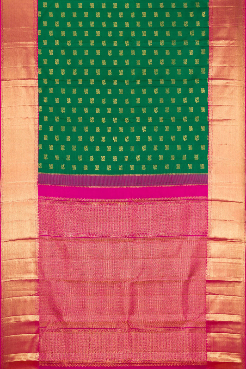 Flat view of Green Kanjivaram Silk Saree with Zari Butta on the body and Zari Border. 