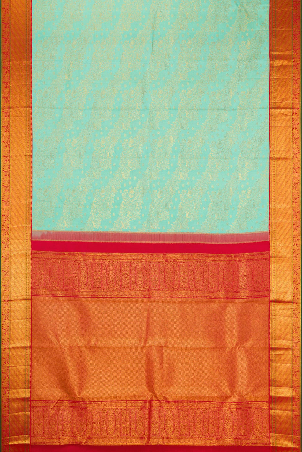 Flat view of Sea Green Kanjivaram Silk Saree with Zari Brocade on the body and Zari Border. 
