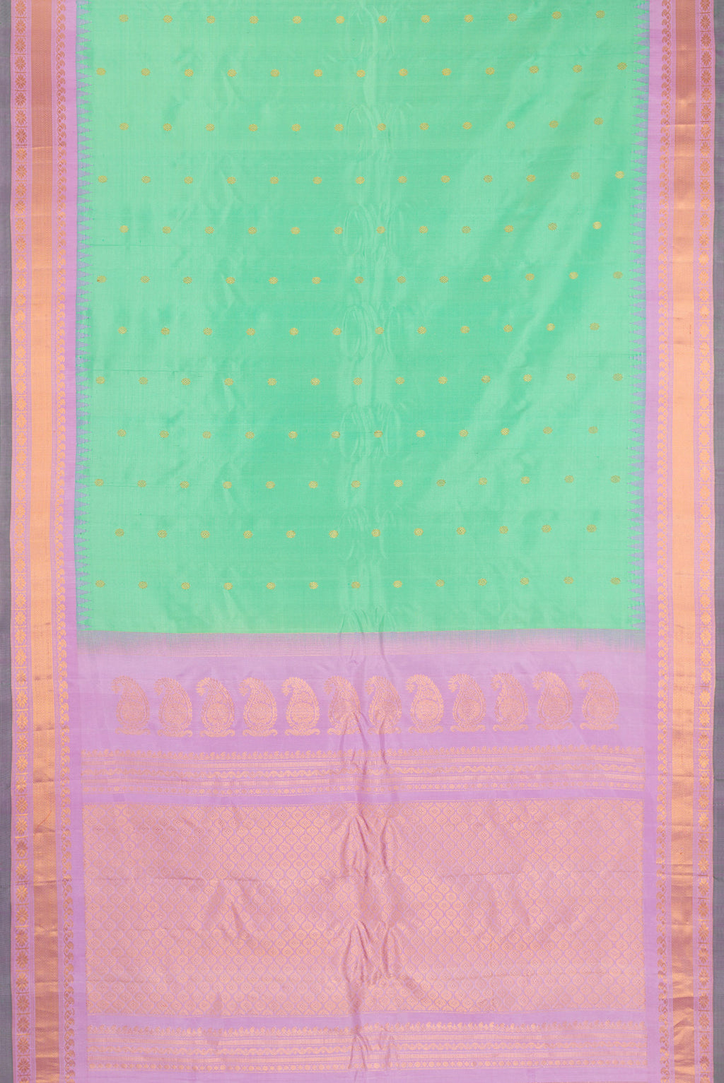 Flat view of Sea Green Gadwal Silk Saree with Zari Butta on the body and Zari Border. 