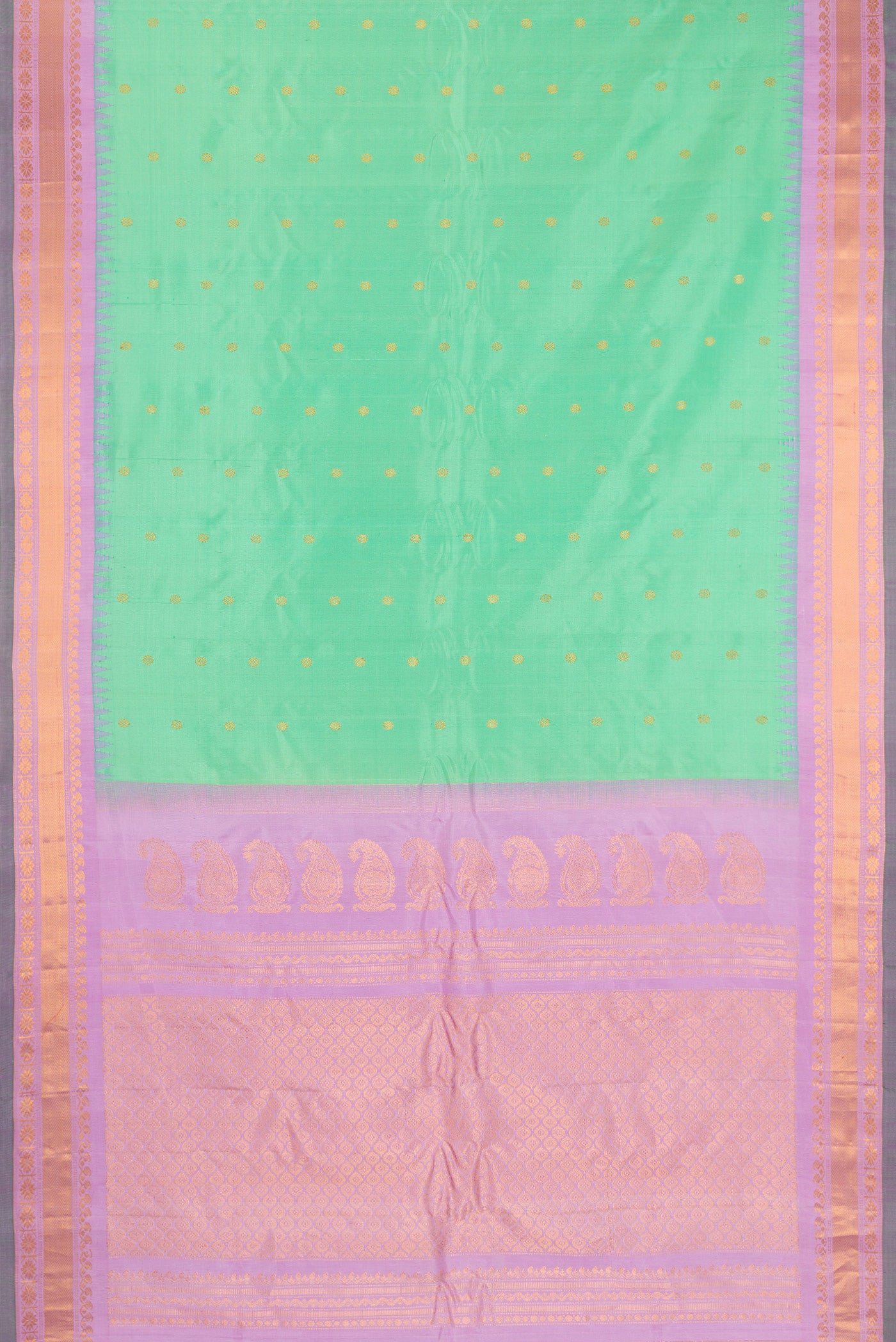 Flat view of Sea Green Gadwal Silk Saree with Zari Butta on the body and Zari Border. 