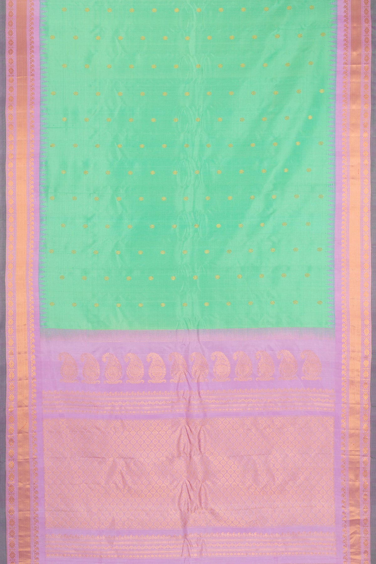 Flat view of Sea Green Gadwal Silk Saree with Zari Butta on the body and Zari Border. 