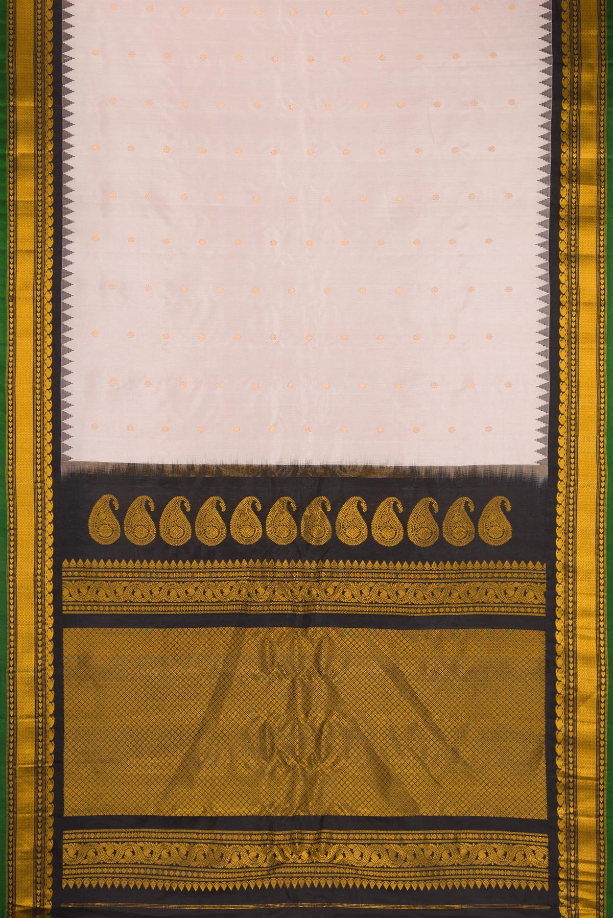Flat view of Rose Gold Gadwal Silk Saree with Zari Butta on the body and Temple Border. 