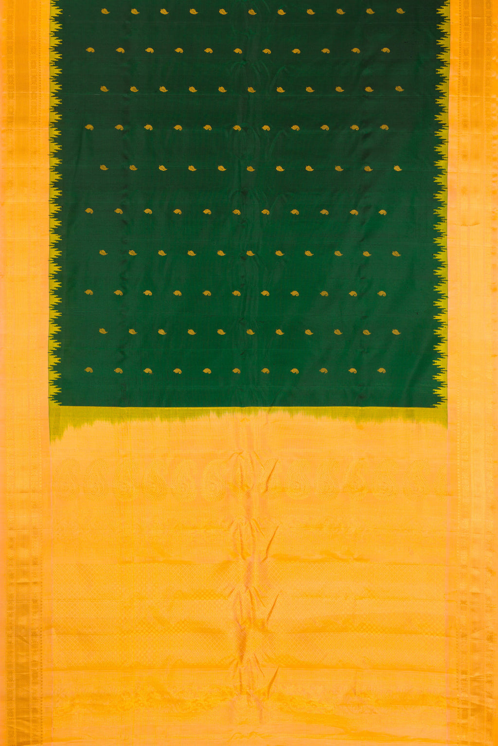 Flat view of Bottle Green Gadwal Silk Saree with Zari Butta on the body and Zari Border. 