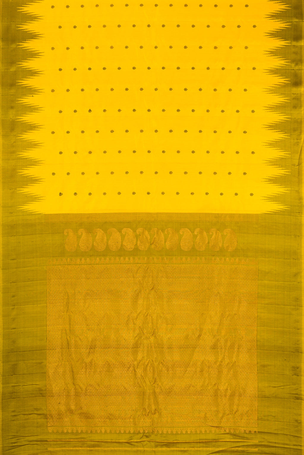 Flat view of Yellow Gadwal Silk Saree with Thread Butta on the body and Temple Border. 