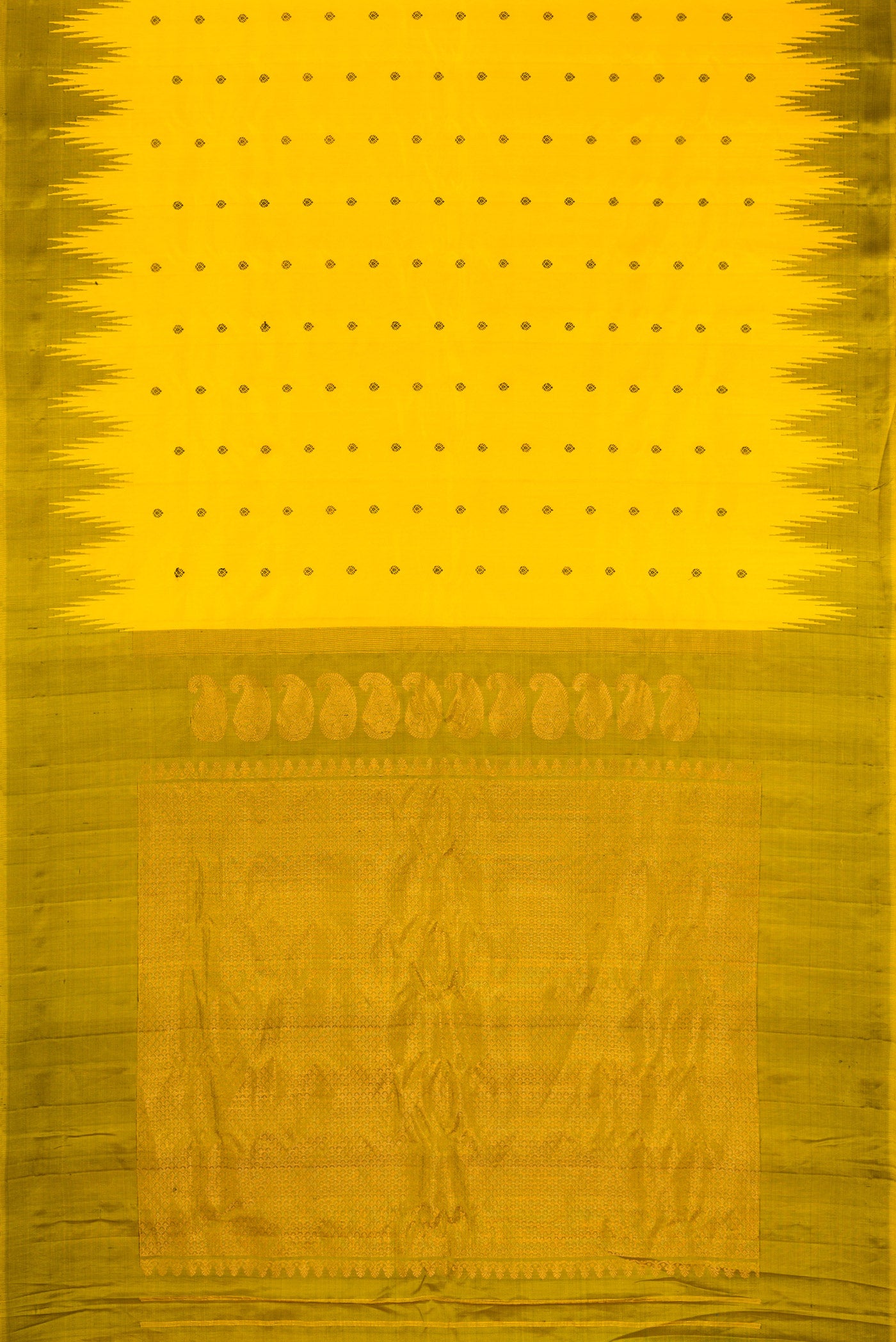 Flat view of Yellow Gadwal Silk Saree with Thread Butta on the body and Temple Border. 
