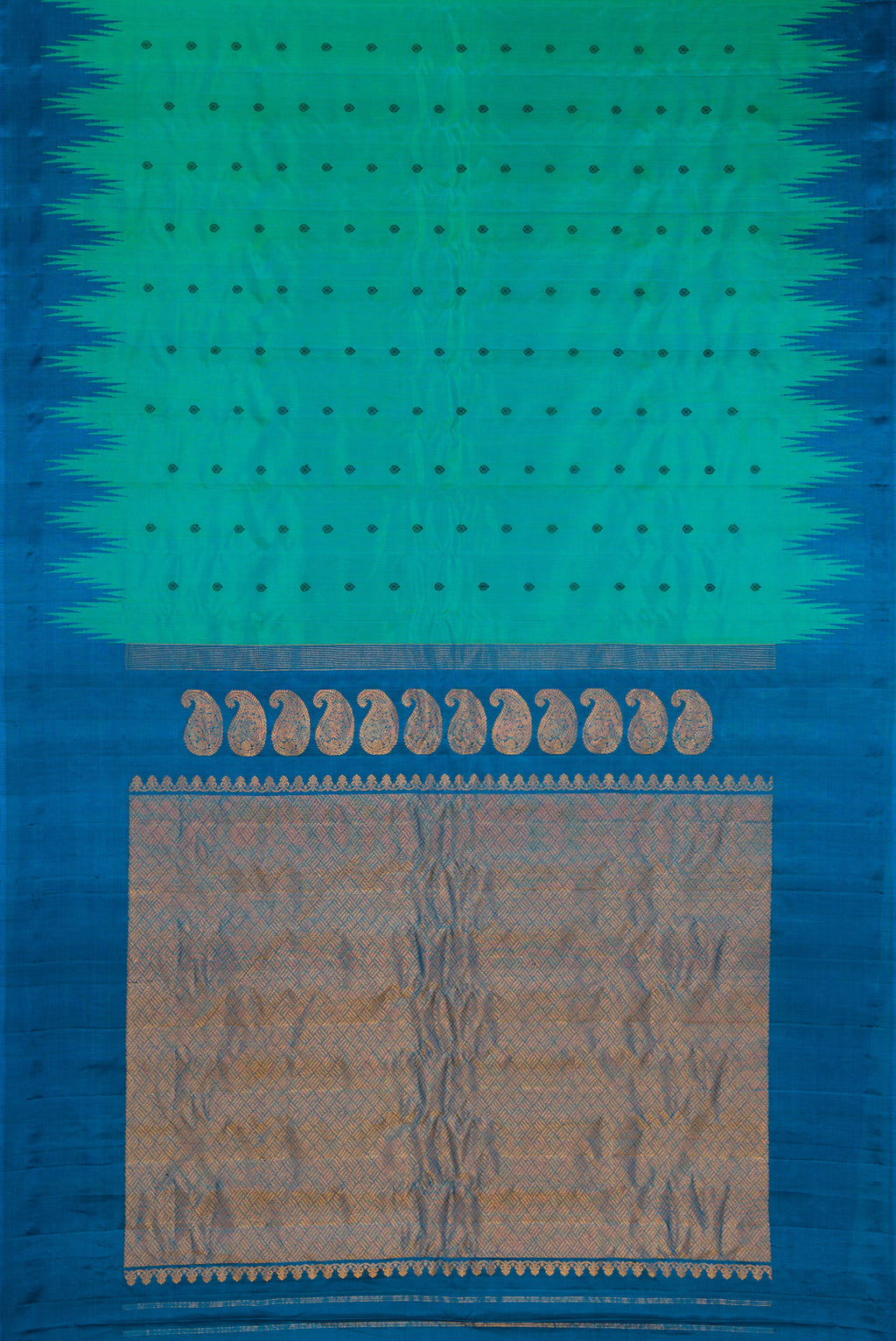 Flat view of Sea Green Dual Tone Gadwal Silk Saree with Thread Butta on the body and Temple Border. 