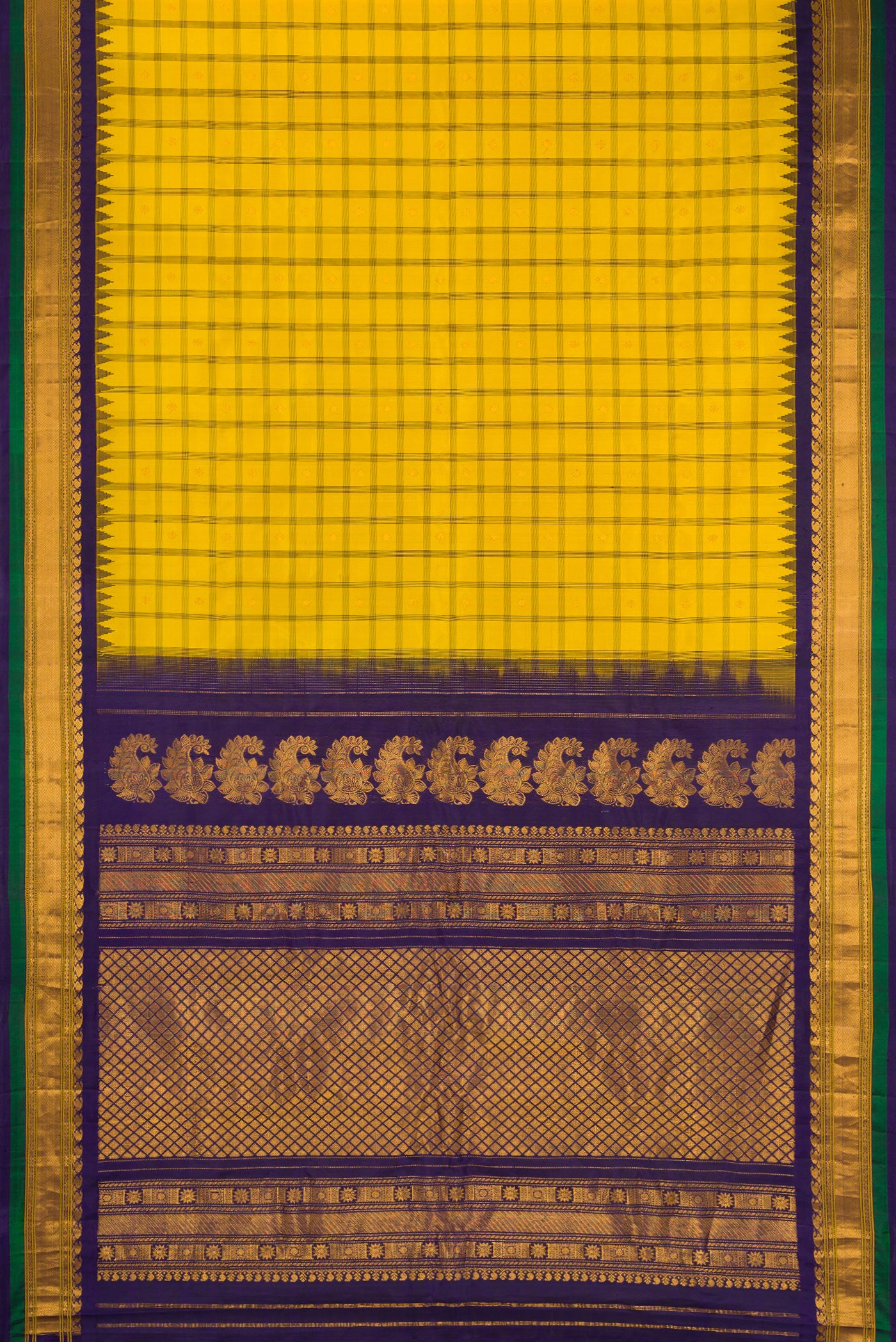Flat view of Yellow Gadwal Silk Saree with Checked design on the body and Temple Border. 