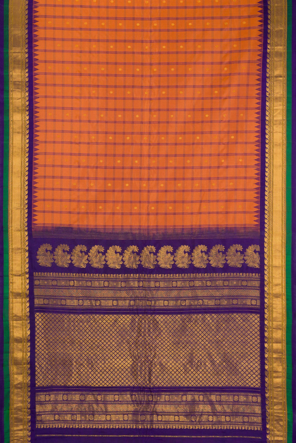 Flat view of Brick Orange Gadwal Silk Saree with Checked design on the body and Zari Border. 