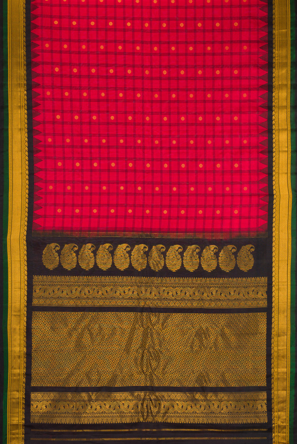 Flat view of Red Gadwal Silk Saree with Checked design on the body and Temple Border. 