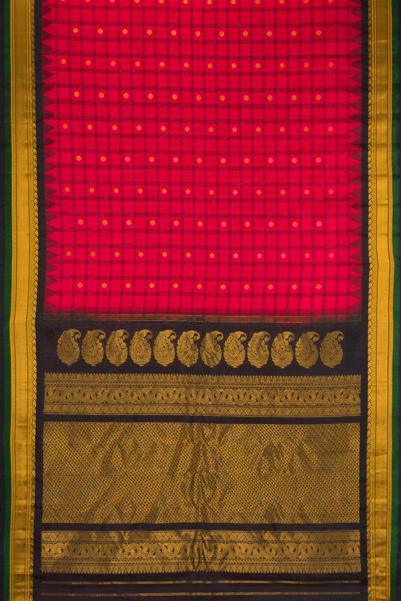 Flat view of Red Gadwal Silk Saree with Checked design on the body and Temple Border. 