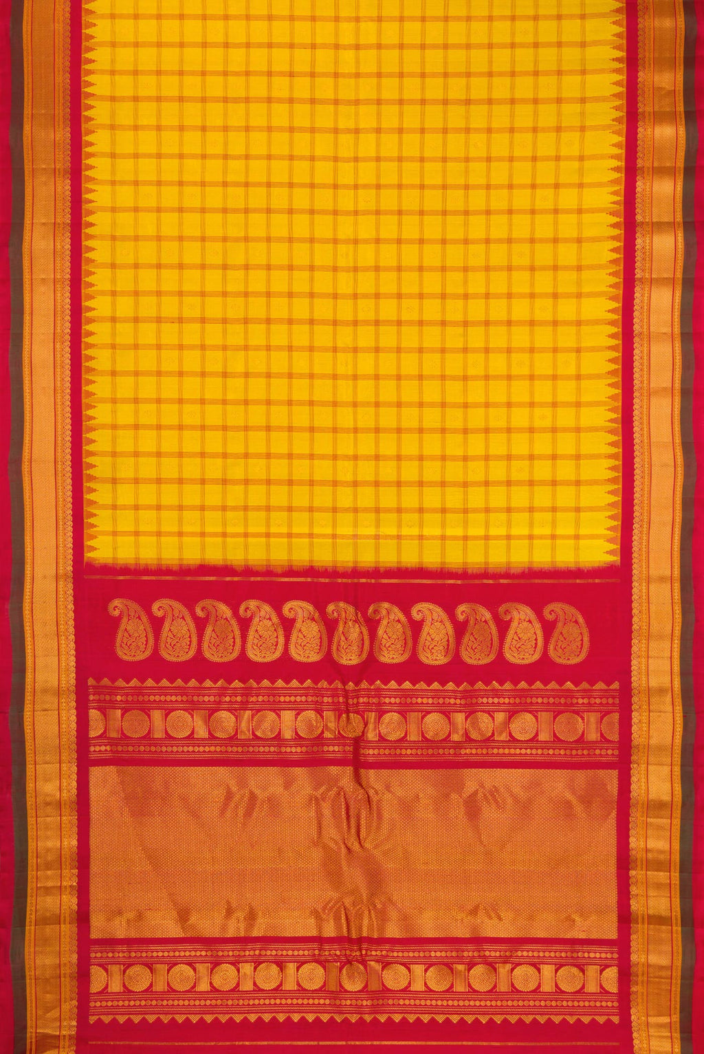 Flat view of Yellow Gadwal Silk Saree with Checked design on the body and Zari Border. 