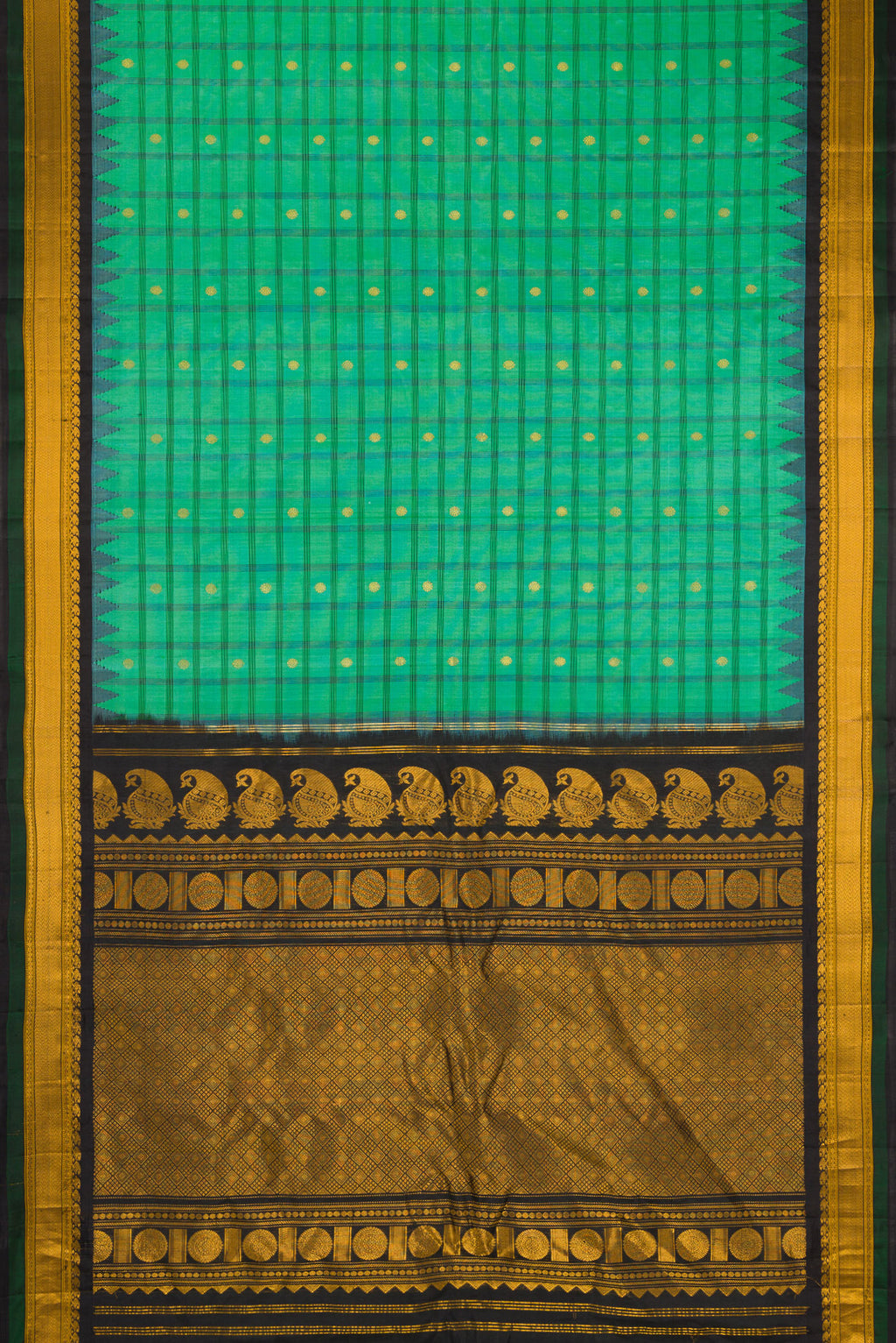 Flat view of Sea Green Gadwal Silk Saree with Checked design on the body and Temple Border. 