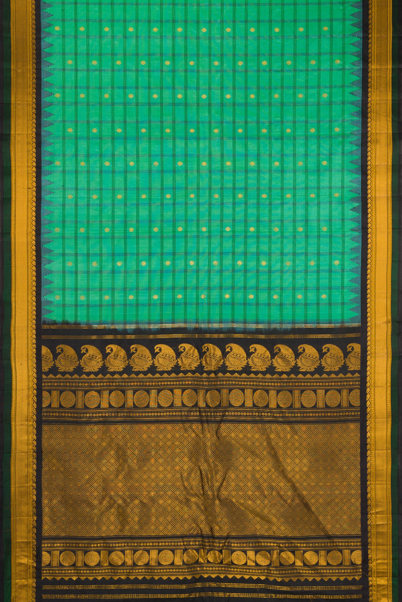 Flat view of Sea Green Gadwal Silk Saree with Checked design on the body and Temple Border. 