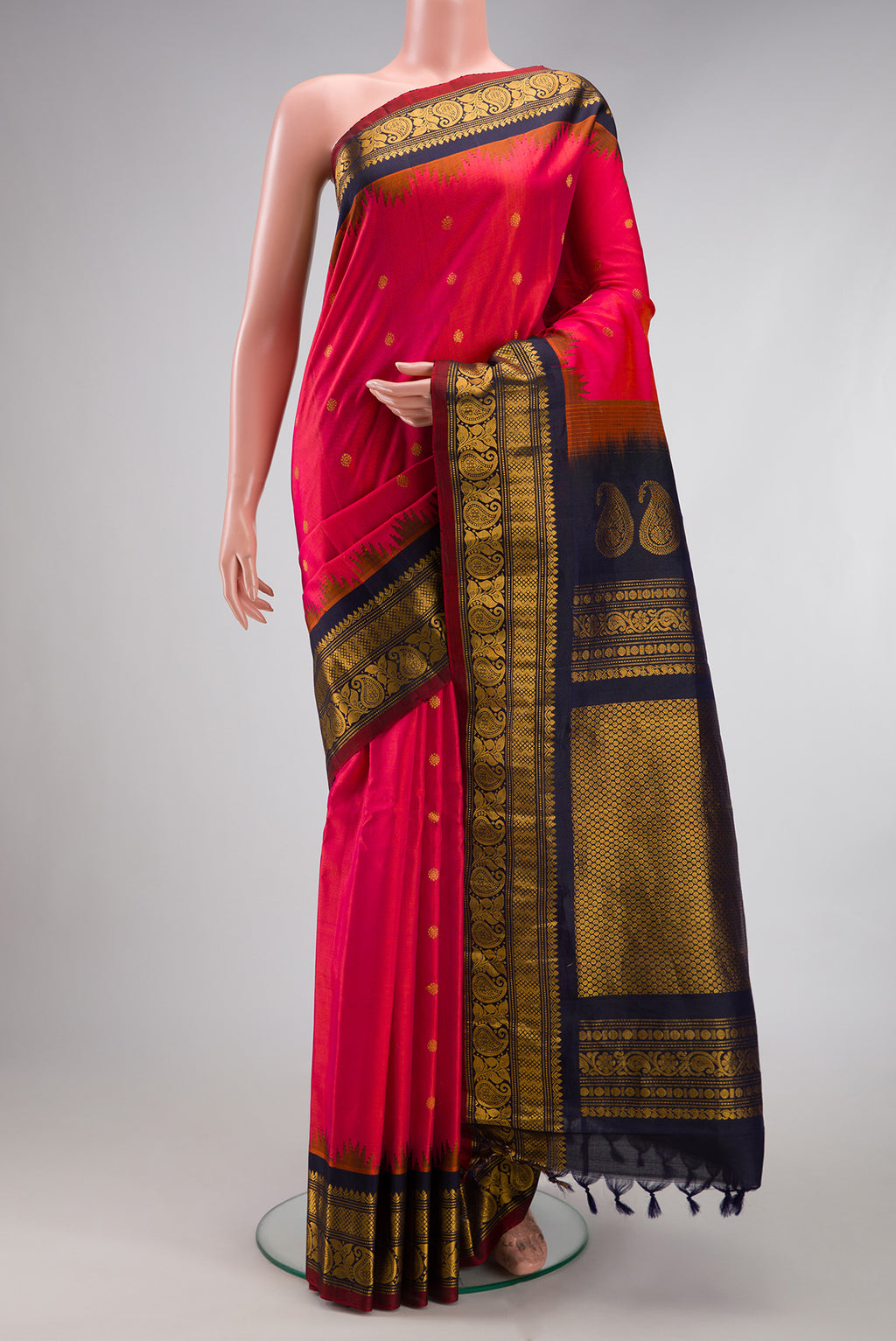 Dark Pink Dual Tone Gadwal Silk Saree with Zari Butta on the body and Zari Border.  displayed on a mannequin