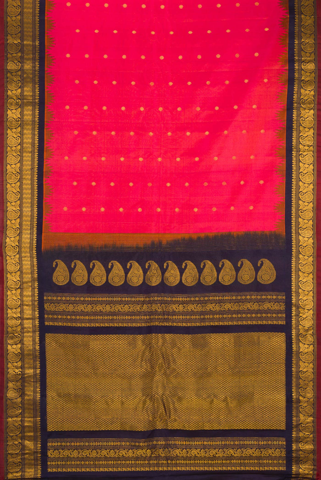 Flat view of Dark Pink Dual Tone Gadwal Silk Saree with Zari Butta on the body and Zari Border. 