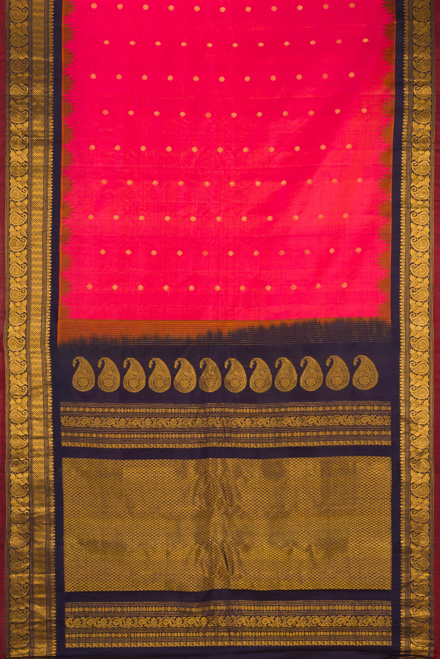 Flat view of Dark Pink Dual Tone Gadwal Silk Saree with Zari Butta on the body and Zari Border. 