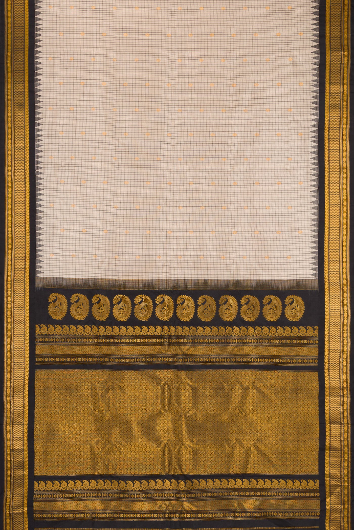 Flat view of Beige Gadwal Silk Saree with Checked design on the body and Temple Border. 