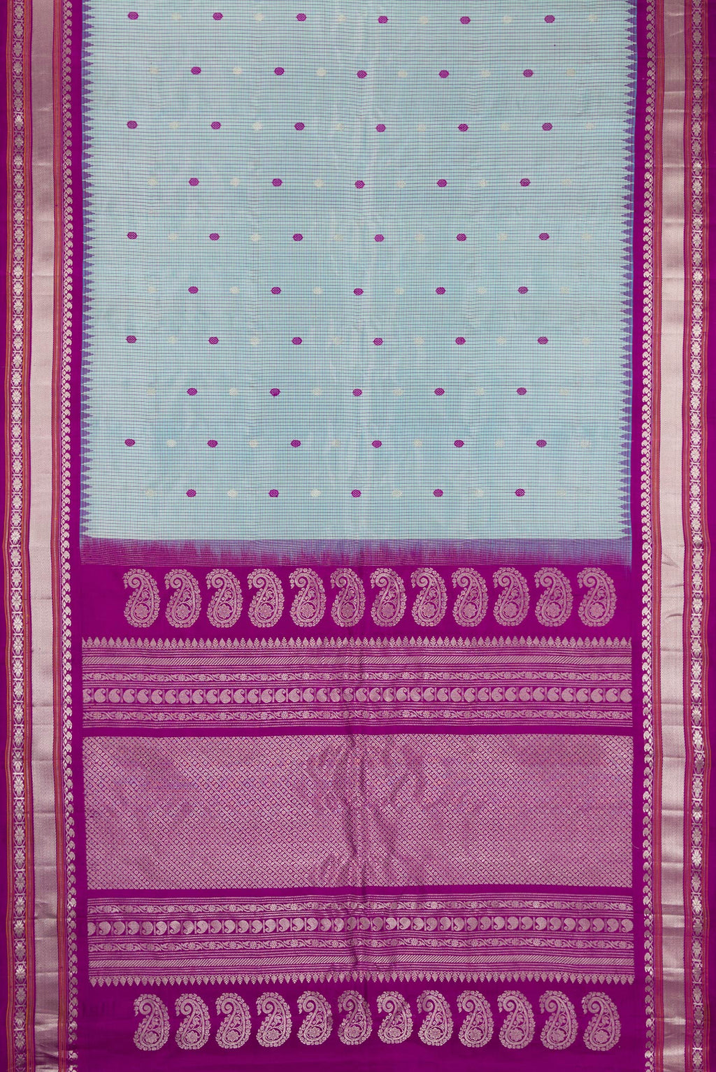 Flat view of Light Blue Gadwal Silk Saree with Checked design on the body and Temple Border. 