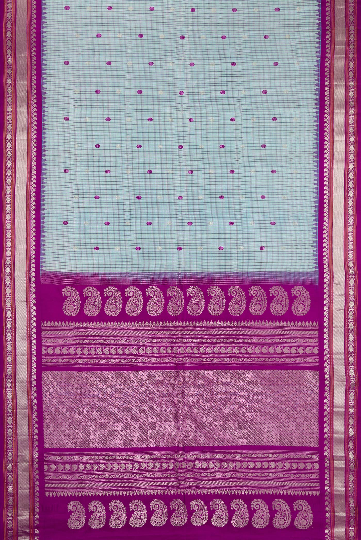 Flat view of Light Blue Gadwal Silk Saree with Checked design on the body and Temple Border. 
