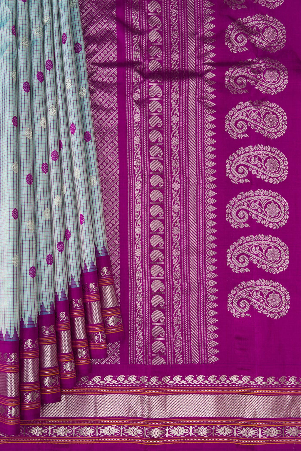 Pleats and pallu of Light Blue Gadwal Silk Saree with Checked design on the body and Temple Border. 
