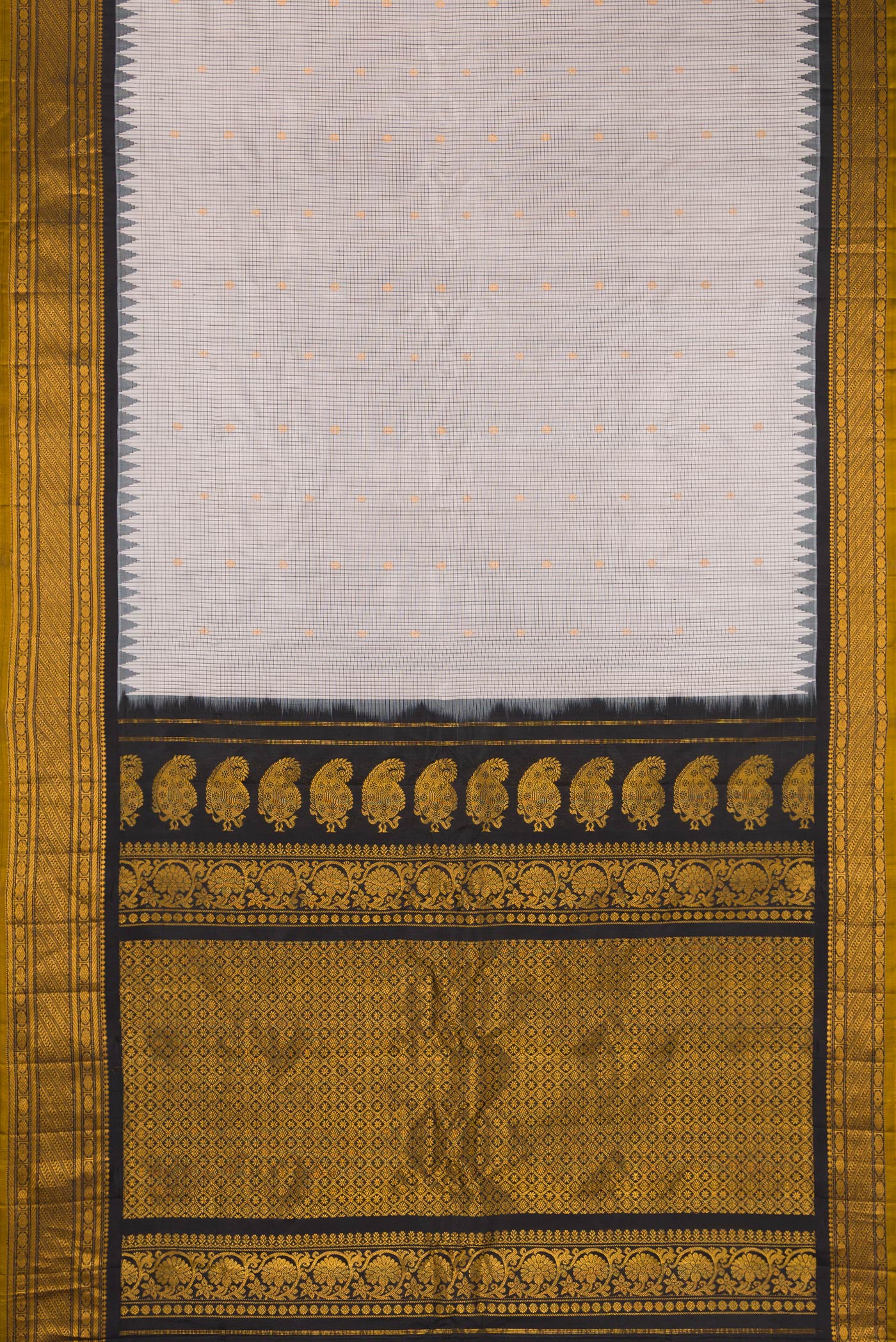 Flat view of Grey Gadwal Silk Saree with Checked design on the body and Temple Border. 