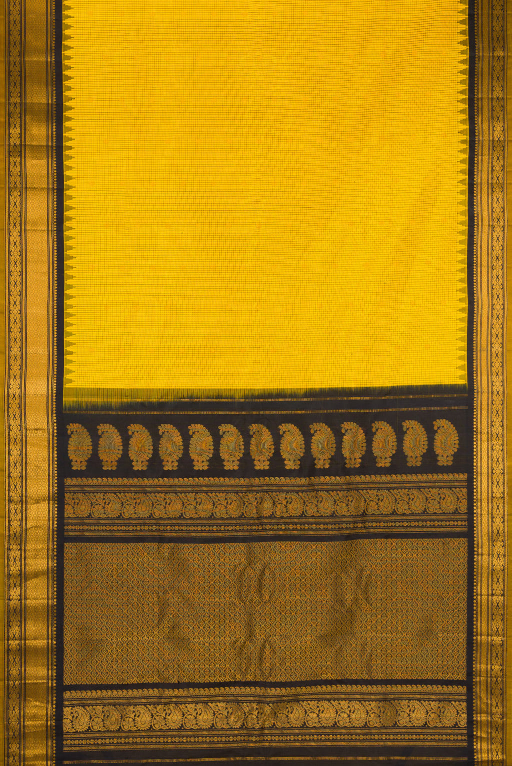 Flat view of Yellow Gadwal Silk Saree with Checked design on the body and Temple Border. 