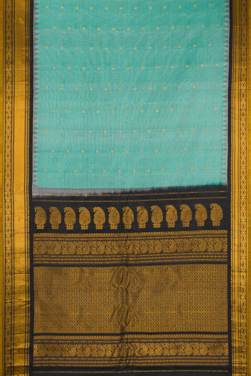 Flat view of Sea Green Gadwal Silk Saree with Checked design on the body and Temple Border. 