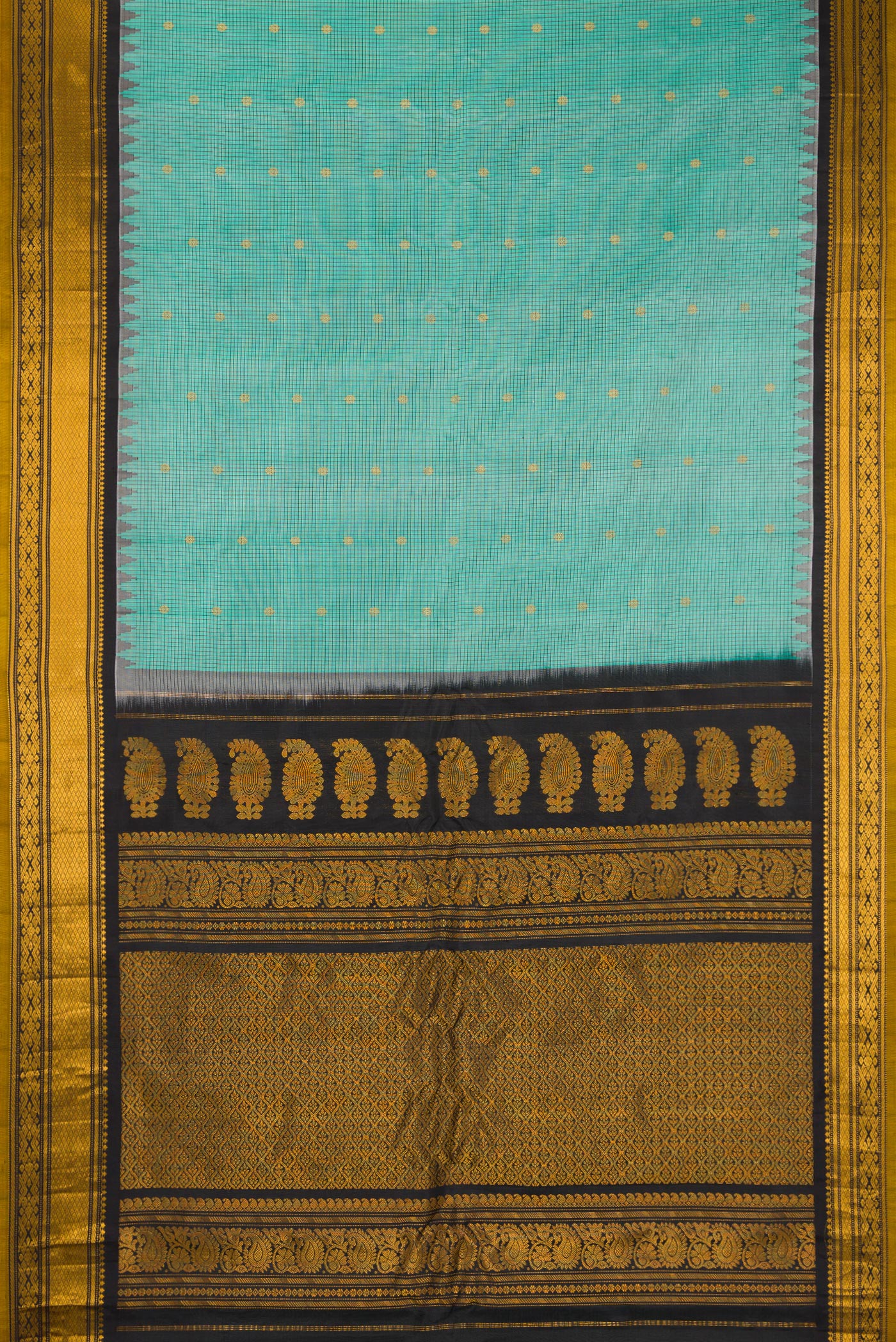 Flat view of Sea Green Gadwal Silk Saree with Checked design on the body and Temple Border. 