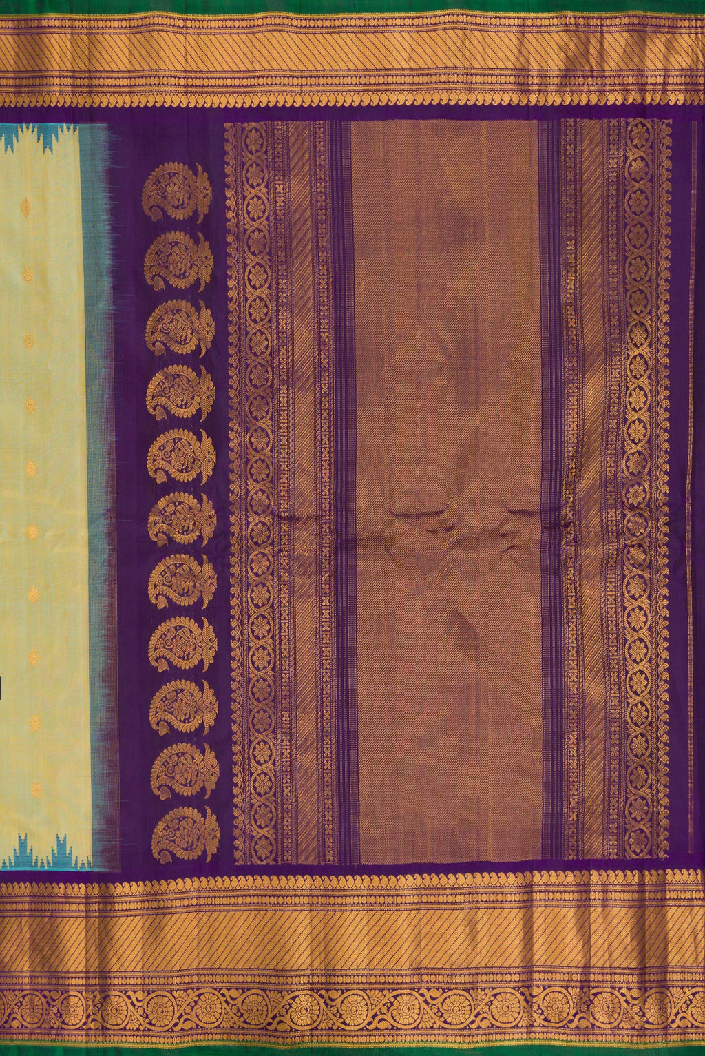 Close up image of the pallu of Mehandi Green Dual Tone Gadwal Silk Saree with Zari Butta on the body and Temple Border. 