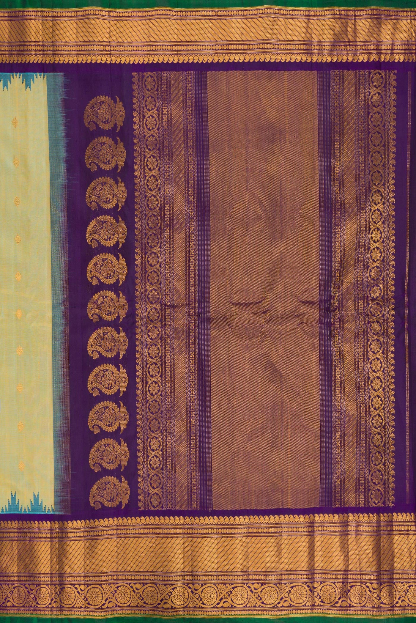Close up image of the pallu of Mehandi Green Dual Tone Gadwal Silk Saree with Zari Butta on the body and Temple Border. 