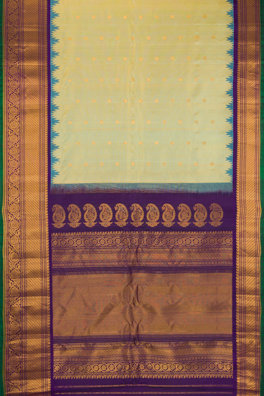 Flat view of Mehandi Green Dual Tone Gadwal Silk Saree with Zari Butta on the body and Temple Border. 