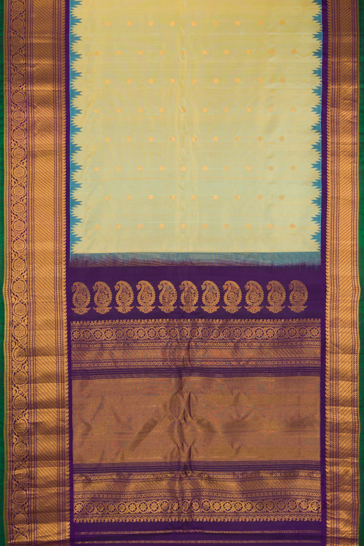 Flat view of Mehandi Green Dual Tone Gadwal Silk Saree with Zari Butta on the body and Temple Border. 