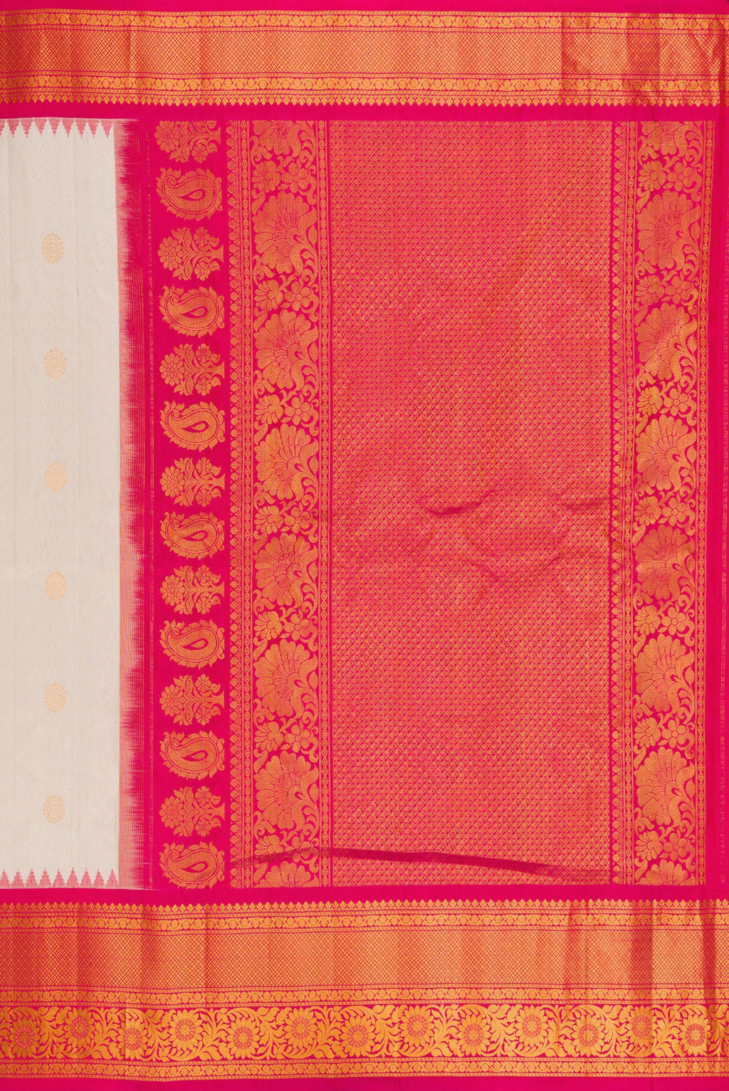 Close up image of the pallu of Dark Beige Gadwal Silk Saree with Zari Butta on the body and Fancy Border. 