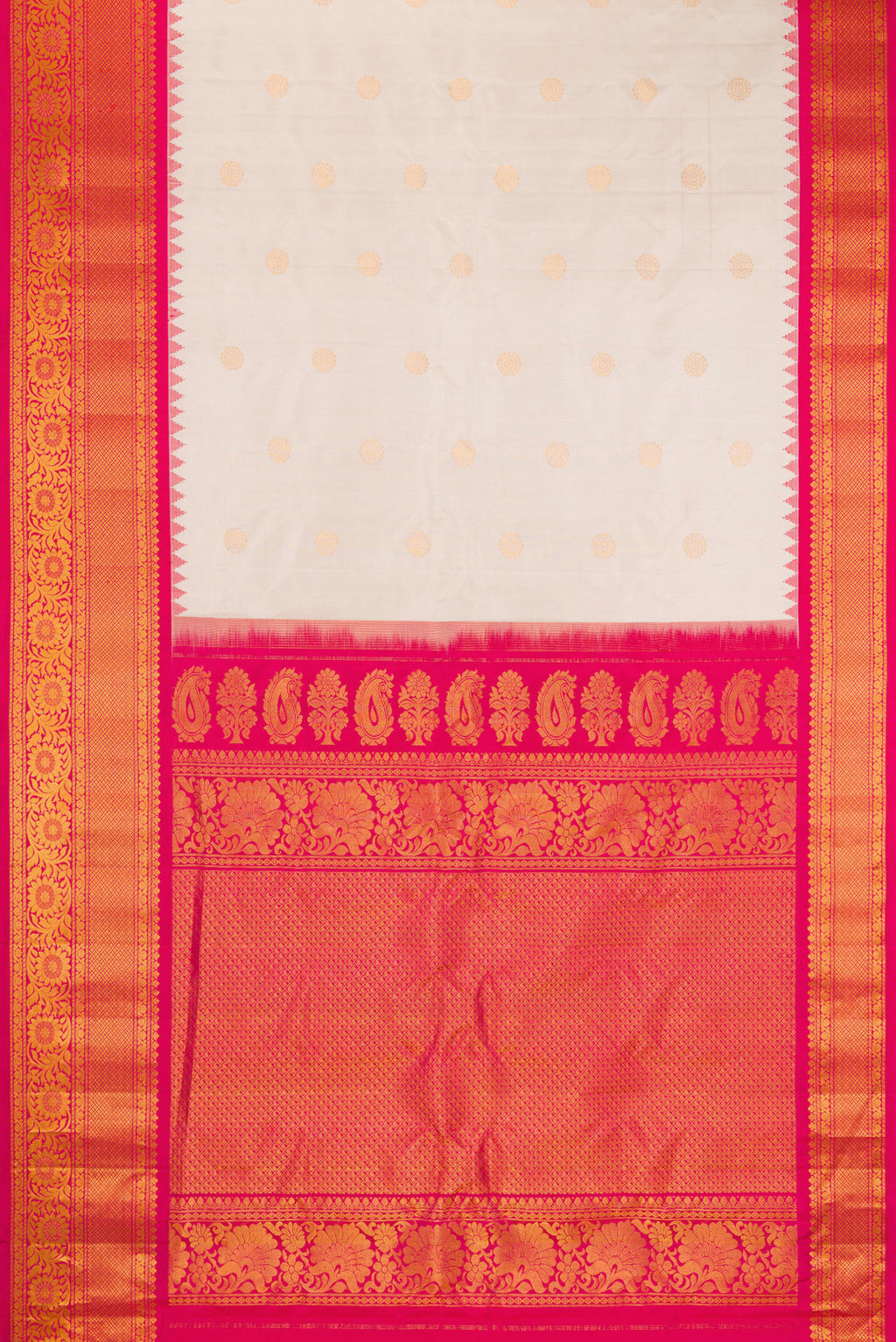 Flat view of Dark Beige Gadwal Silk Saree with Zari Butta on the body and Fancy Border. 
