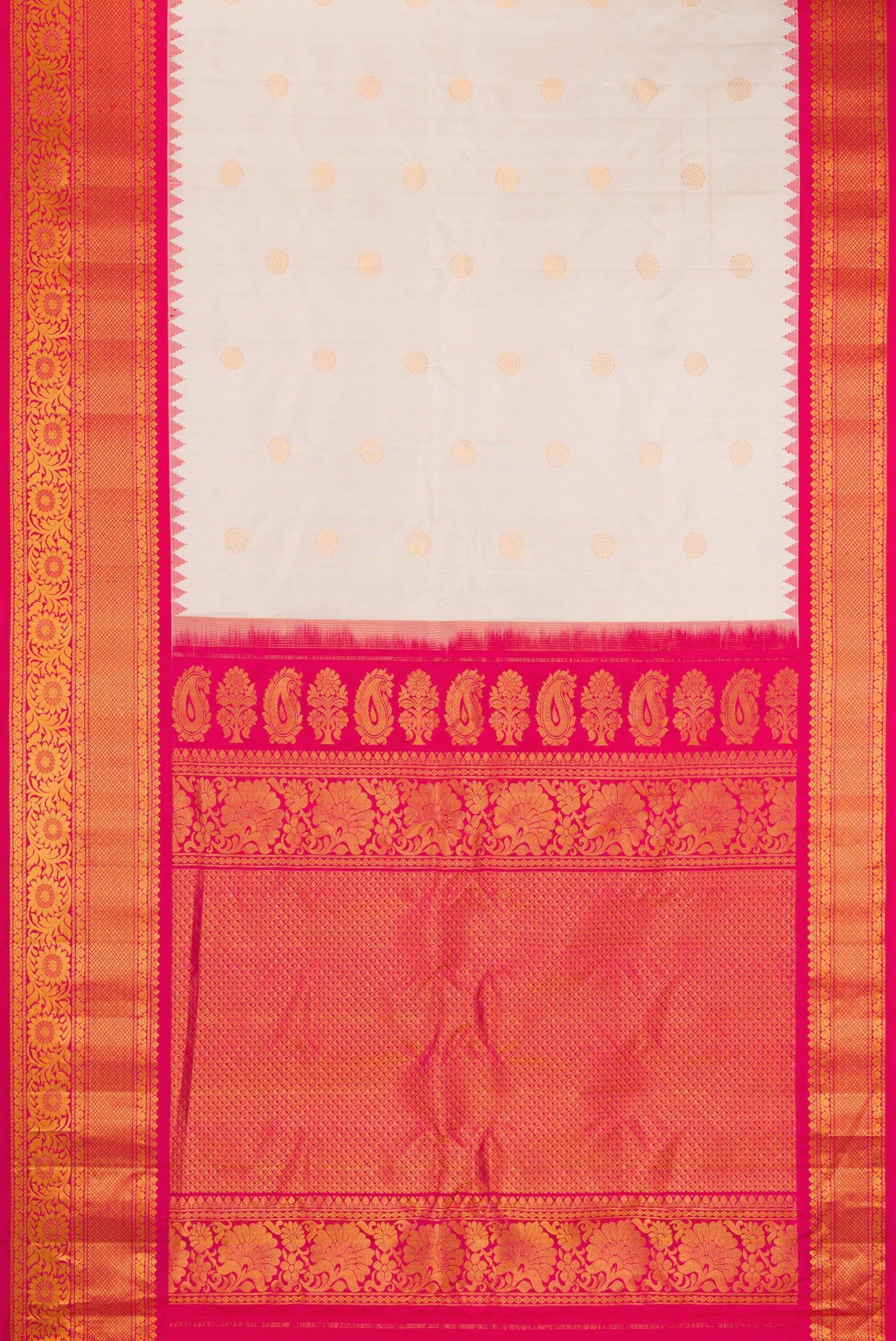 Flat view of Dark Beige Gadwal Silk Saree with Zari Butta on the body and Fancy Border. 