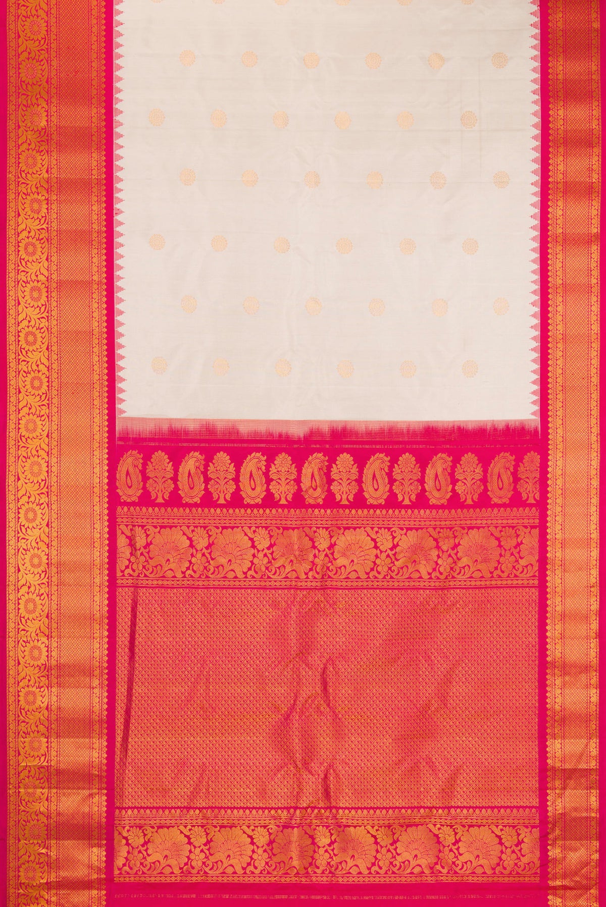 Flat view of Dark Beige Gadwal Silk Saree with Zari Butta on the body and Fancy Border. 