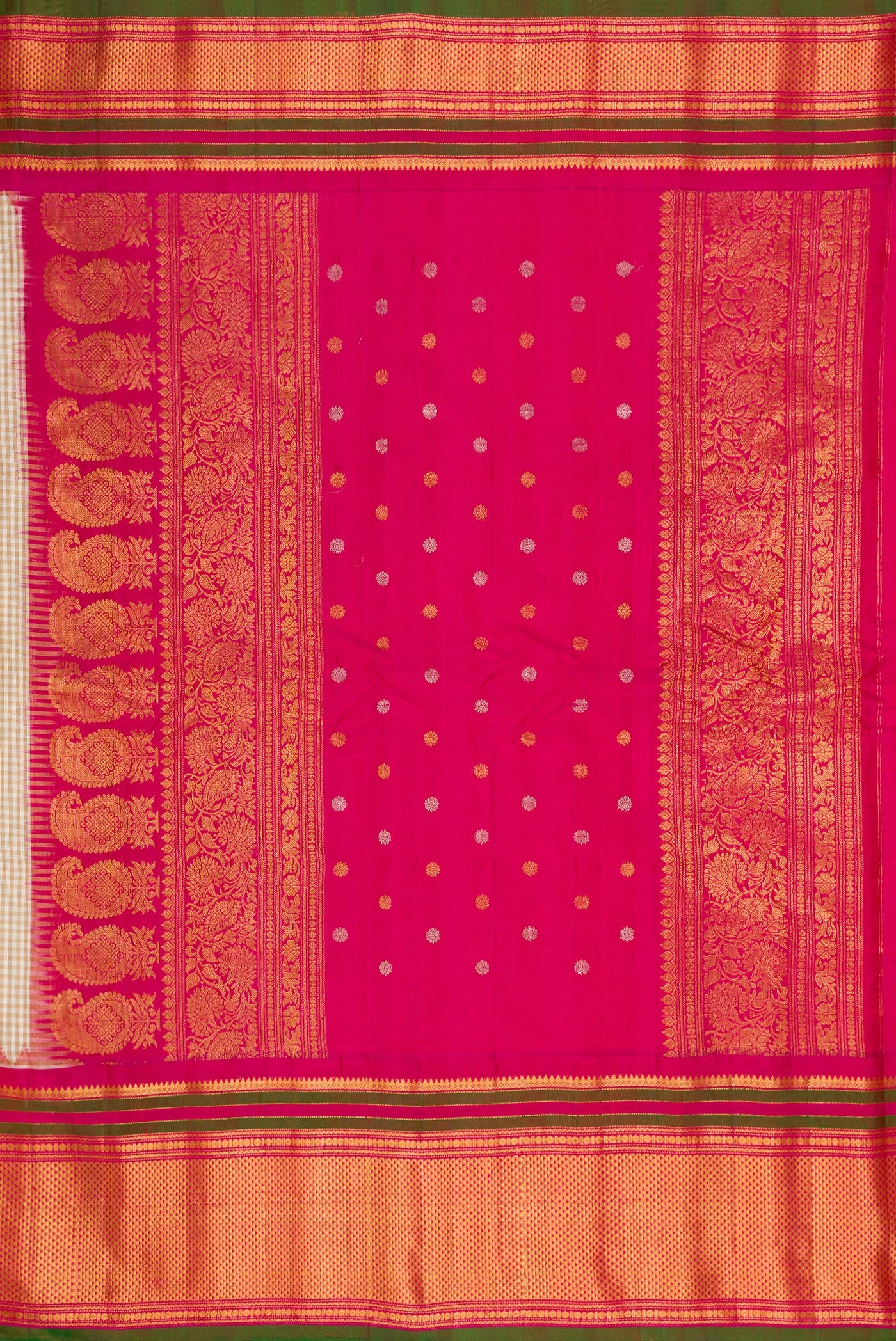 Close up image of the pallu of Multi Color Gadwal Silk Saree with Checked design on the body and Zari Border. 